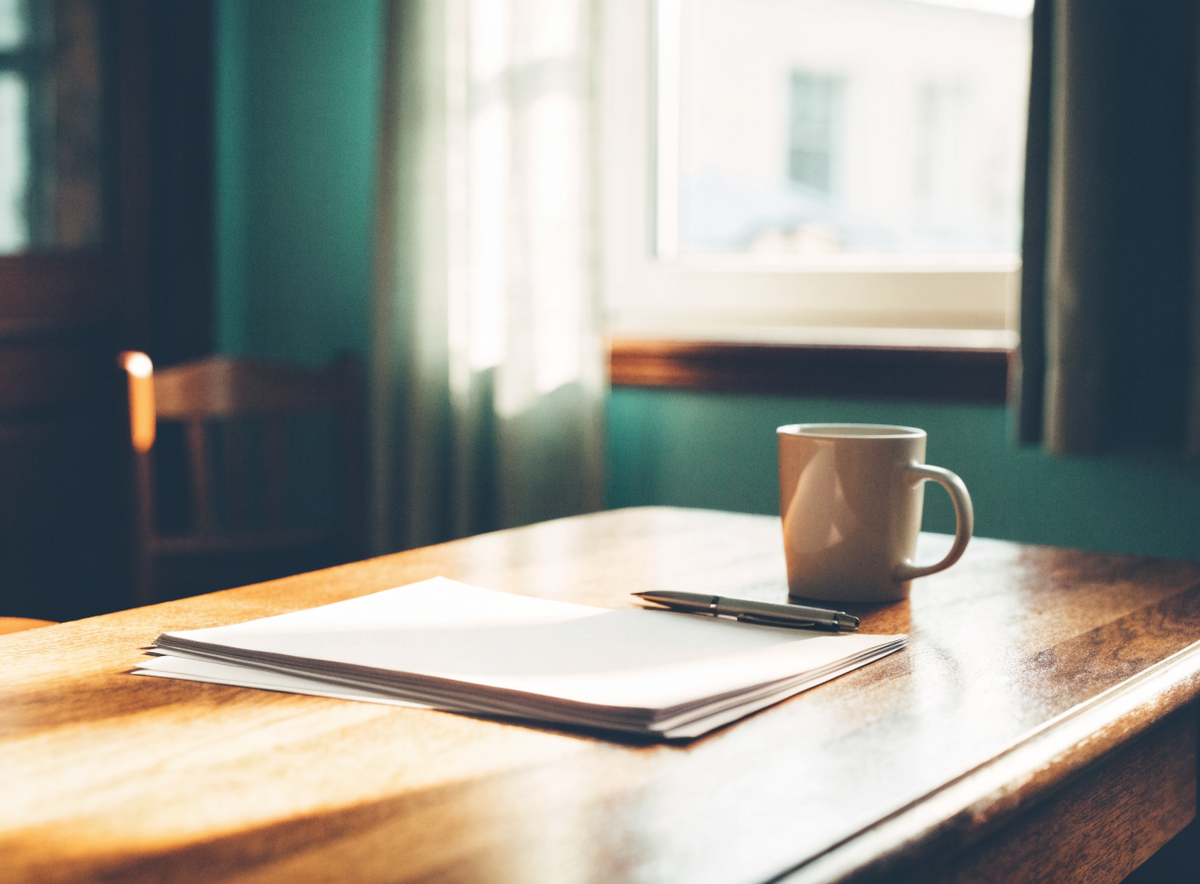 Tidy therapist desk with a stack of printed pages and a mug