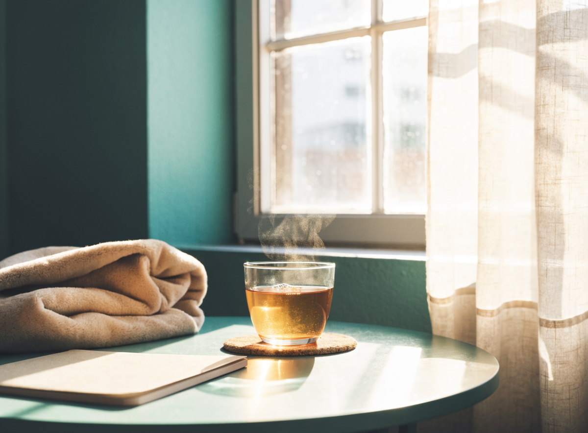 Cup of tea, folded blanket and notebook by a window