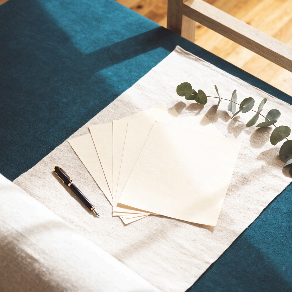 Minimal workspace with fanned blank pages and a fountain pen